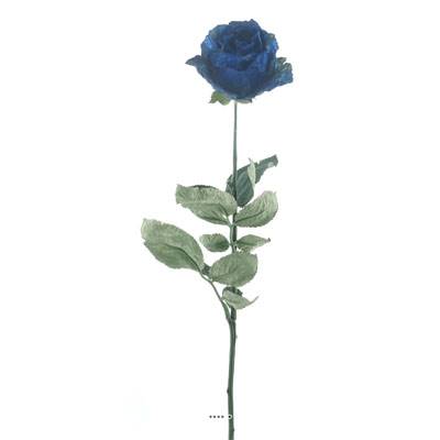 Rose Joy artificielle H 64 cm 1 tete D 7 cm 3 feuilles effet texturé Bleu royal
