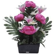 Jardinière fleurs artificielles Pivoine, Lys, Gerbera et ficus Rose fushia pour la Toussaint