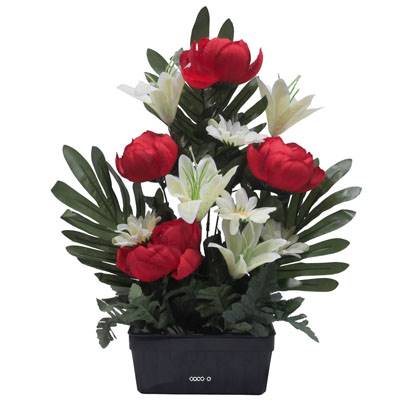 Jardinière fleurs artificielles Pivoine, Lys, Gerbera et ficus Rouge pour la Toussaint