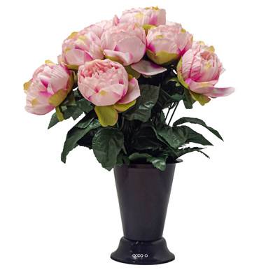 Pot Cône de Pivoines fleurs artificielles pour le cimetière H 37 cm D 30 cm Rose