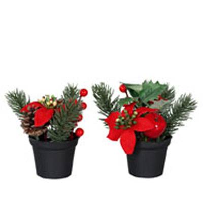 Compositions artificielles mixtes de 2 pots Poinsettia, baies, sapin H 14 cm D 13 cm