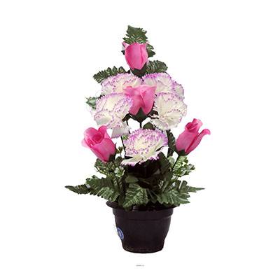 Pot fleurs artificielles cimetière roses, oeillets et mini-fleurs Rose
