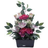 Jardinière fleurs Rose, Bouton de rose, Lys tigré et Ficus Rose fushiaartificiels pour la Toussaint