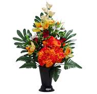 Pot Cône d'Oeillets fleurs artificielles pour le cimetière H 57 cm D 37 cm Orange