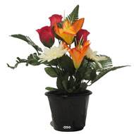 Pot pour la Toussaint de Boutons de Rose, Lys tigrés et gerberas artificiels pour la tombe Orange