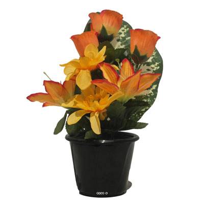 Pot pour la Tombe de Dahlias, Lys tigrés et Boutons de Rose artificiels Orange
