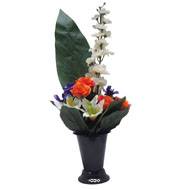 Pot Cone de fleurs artificielles de Rose, Lys, pensée, Delphinium Orange - Toussaint