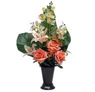 Pot Cône d'Orchidées fleurs artificielles pour le cimetière H 57 cm D 40 cm Rose saumon