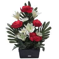 Jardinière fleurs artificielles Pivoine, Lys, Gerbera et ficus Rouge pour la Toussaint