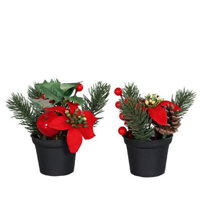 Compositions artificielles mixtes de 2 pots Poinsettia, baies, sapin H 14 cm D 13 cm