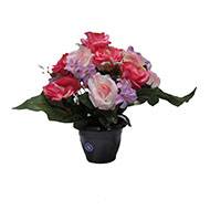 Fleurs artificielles cimetière pot de roses, min fleurs et gypsophiles H 36 cm D 32 cm Rose fushia