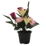 Pot pour la Toussaint de Boutons de Rose, Lys tigrés et gerberas artificiels pour la tombe Rose