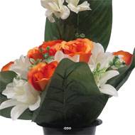 Pot Cone de fleurs artificielles de Rose, Orchidée et delphinium Orange pour la Toussaint