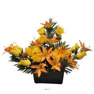 Devant de tombe de Rose et Lys tigré Jaune artificiels pour la Toussaint