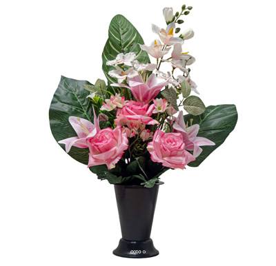 Pot Cône d'Orchidées fleurs artificielles pour le cimetière H 57 cm D 40 cm Rose soutenu