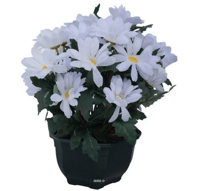 Composition fleurs artificielles cimetière vasque marguerites H27 cm D27 cm Blanc