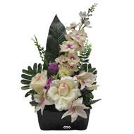 Jardinière fleurs artificielles pour les tombes Rose, bouton de Rose, Lys et Delphinium Pourpre