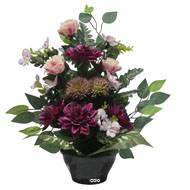 Vasque de Dahlia, Rose, Mini fleurs, Chardon et Ficus Pourpre artificiels - Toussaint