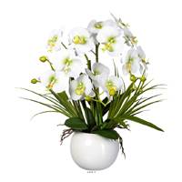 Orchidée factice 3 hampes vase boule céramique H58cm touché réel vert