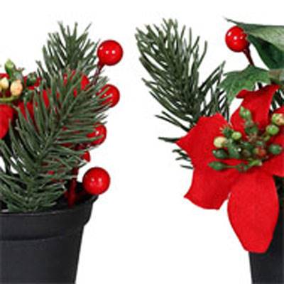 Compositions artificielles mixtes de 2 pots Poinsettia, baies, sapin H 14 cm D 13 cm