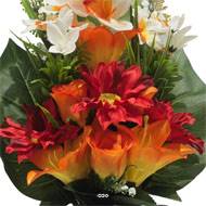 Pot Cone de fleurs artificielles Rose, Lys, Gerbera et Orchidée Orange pour la Toussaint
