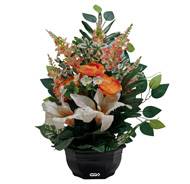 Grande Vasque de Renoncules fleurs artificielles pour le cimetière H 52 cm Lg 44 cm Orange