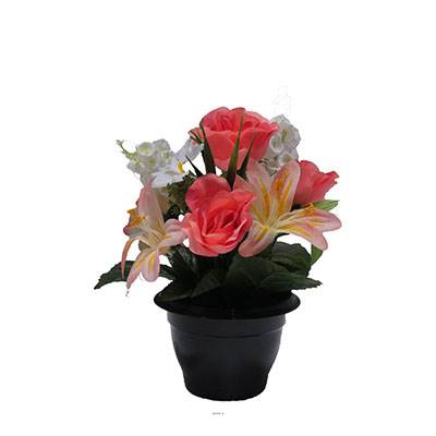 Composition fleurs artificielles cimetière pot roses lys arums H 28 cm D 25 cm Rose saumon