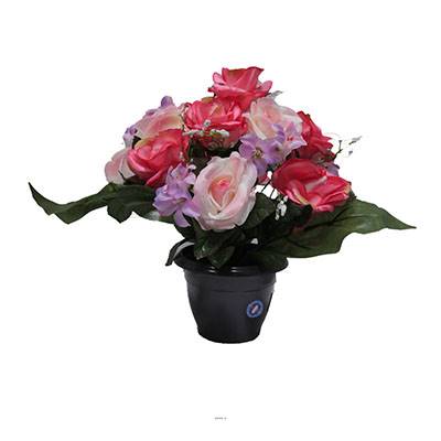 Fleurs artificielles cimetière pot de roses, min fleurs et gypsophiles H 36 cm D 32 cm Rose fushia