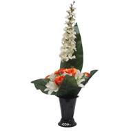 Pot Cone de fleurs artificielles de Rose, Orchidée et delphinium Orange pour la Toussaint