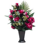 Pot Cône de Roses fleurs artificielles pour le cimetière H 57 cm D 38 cm Fushia