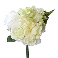 Bouquet de Roses et Hortensias factices Blanc-vert 4 têtes D20cm