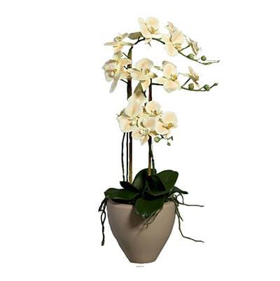 Superbe orchidée artificielle en pot céramique H 70 cm 3 hampes crème-orange