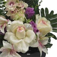 Jardinière fleurs artificielles pour les tombes Rose, bouton de Rose, Lys et Delphinium Pourpre