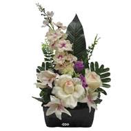 Jardinière fleurs artificielles pour les tombes Rose, bouton de Rose, Lys et Delphinium Pourpre