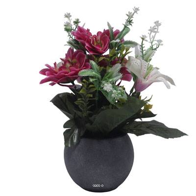 Pot Boule Béton pour Tombe de Dahlia, Lys et mini fleurs Rose fushia artificiels - Toussaint