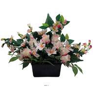 Devant de tombe fleurs artificielles pour le cimetière roses, Orchidées et lys H 50 cm Rose-crème