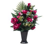 Pot Cône de Roses fleurs artificielles pour le cimetière H 57 cm D 38 cm Fushia