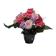 Fleurs artificielles cimetière pot de roses, min fleurs et gypsophiles H 36 cm D 32 cm Rose fushia