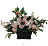 Devant de tombe fleurs artificielles pour le cimetière roses, Orchidées et lys H 50 cm Rose-crème