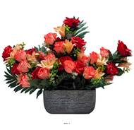 Devant de tombe pot Béton fleurs artificielles pour le cimetière H 45 cm Lg 54 cm Rouge
