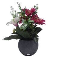 Pot Boule Béton pour Tombe de Dahlia, Lys et mini fleurs Rose fushia artificiels - Toussaint