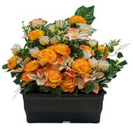 Extraordinaire Jardinière de Pivoines artificielles pour le cimetière H 55 cm Lg 58 cm Jaune-orange