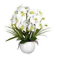 Orchide factice 3 hampes vase boule cramique H58cm touch rel vert