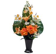 Pot Cône d'Orchidées fleurs artificielles pour le cimetière H 57 cm D 40 cm Orange