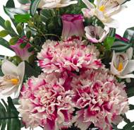 Pot Cône d'Oeillets fleurs artificielles pour le cimetière H 57 cm D 37 cm Fushia