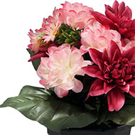 Vasque fleurs artificielles cimetière dahlias et chrysanthèmes Rose fushia