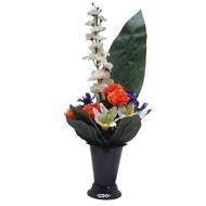 Pot Cone de fleurs artificielles de Rose, Lys, pensée, Delphinium Orange - Toussaint