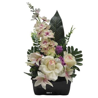 Jardinière fleurs artificielles pour les tombes Rose, bouton de Rose, Lys et Delphinium Pourpre
