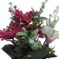 Pot Boule Béton pour Tombe de Dahlia, Lys et mini fleurs Rose fushia artificiels - Toussaint