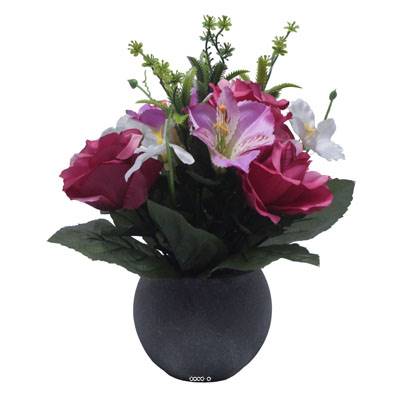 Pot Boule Béton pour Tombe de Rose, Alstromeria, et Orchidées Rose fushia artificiels - Toussaint